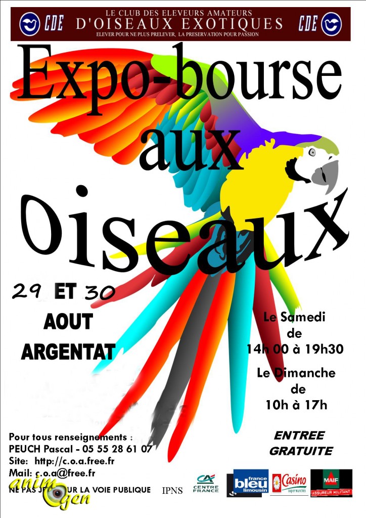 8 ème Exposition-Bourse aux oiseaux à Argentat (19), samedi 29 et dimanche 30 août 2015